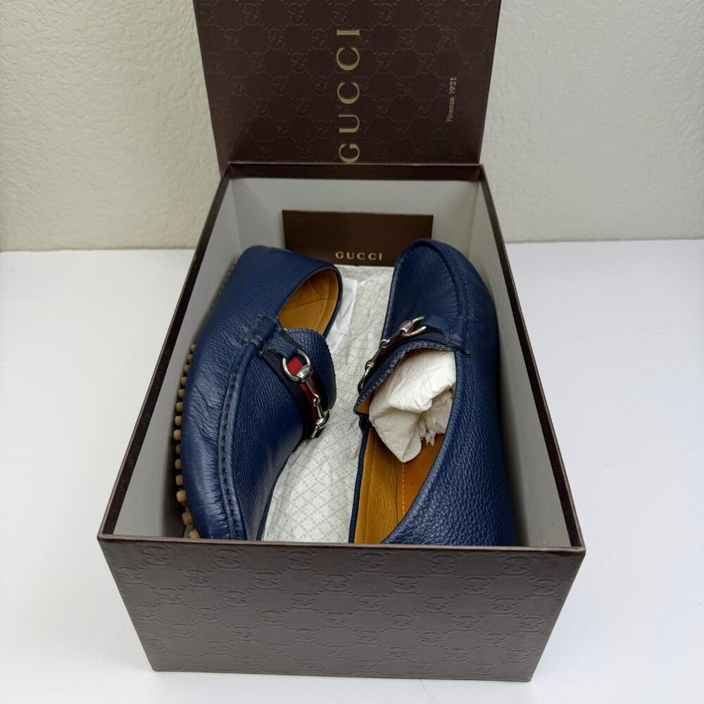 Mens Navy Blue Leather Gucci Web U.S. Size 9 - Picture 10 of 11